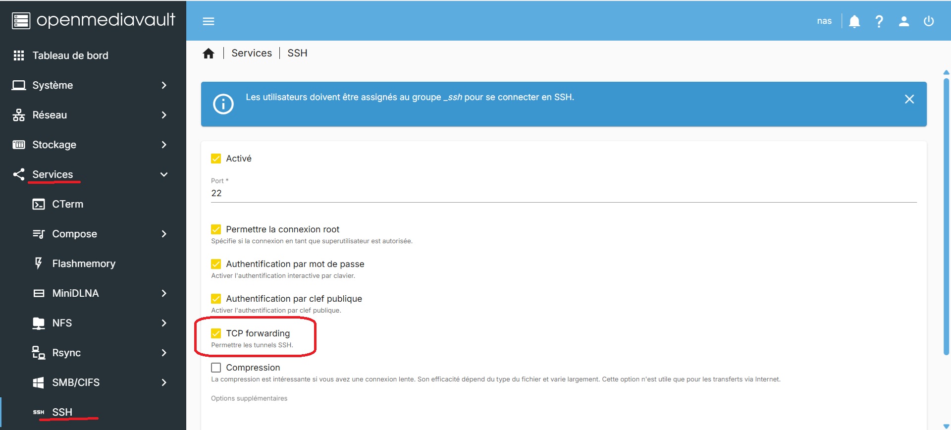 OPenMediaVault SSH configuration